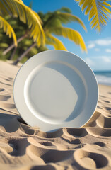 Obraz premium A pristine, empty white dinner plate partially buried in golden sand