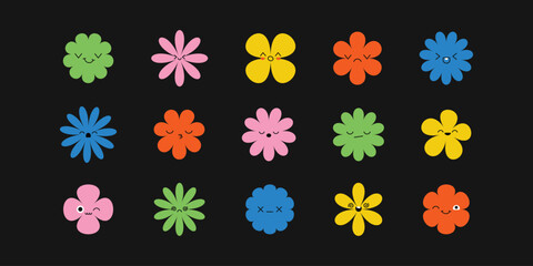 Bright cartoon flower characters showing a full range of emotions. Minimal and modern, this decorative set adds personality to nature-inspired graphic design.