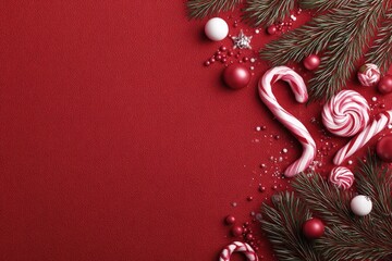 Festive Christmas decorations, red background, candy canes, ornaments, and sprigs