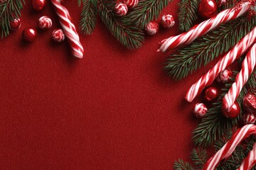 Christmas candy canes, fir branches, red ornaments, on red background