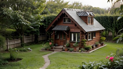 Miniature Cottage Diorama Scene with Trees, Bushes and Plants on Rustic Wooden Table, Realistic Handmade House Model Stock Photo