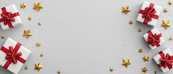White gift boxes with red ribbons and gold stars on a light gray background