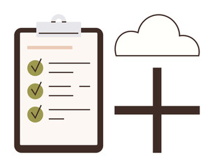 Clipboard with checklist, cloud symbol, and plus sign denoting tasks, cloud storage, and online data backup. Ideal for organization, productivity, cloud services, teamwork digital workflow