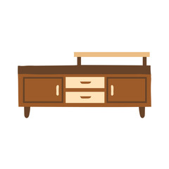 Flat Design Wooden Television Console with Drawers and Cabinets Illustration