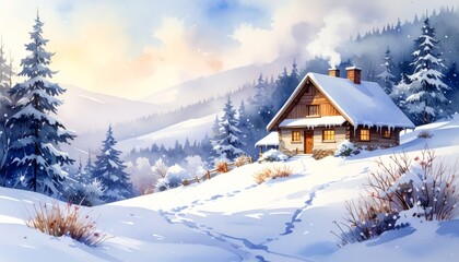 Fototapeta premium A solitary wooden house sits nestled in a snowy winter mountain landscape, a peaceful scene beneath a frosty blue sky, watercolor