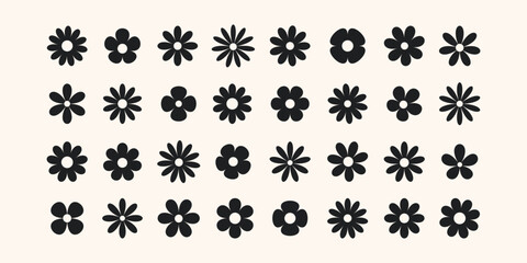 Decorative black flower icon set against a flat cream backdrop. Petal shapes are abstracted into elegant geometric forms, creating a modern botanical symbol rich in visual clarity.