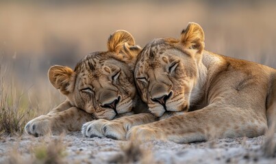 Obraz premium Close-up of two lions cuddling affectionately in an embrace. This image captures the beauty of wildlife and the bond between animals in nature, Generative AI