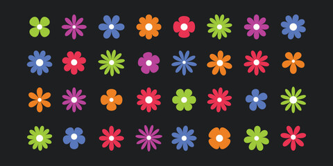 A collection of colorful stylized flower icons in green, blue, orange, pink, and purple. Clean lines, minimal shapes, and a modern abstract floral aesthetic. 