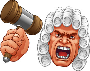 An angry judge cartoon character holding a wooden hammer gavel