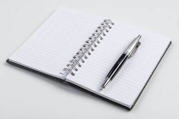 Open Notebook with Spiral Binding and Pen on White Background