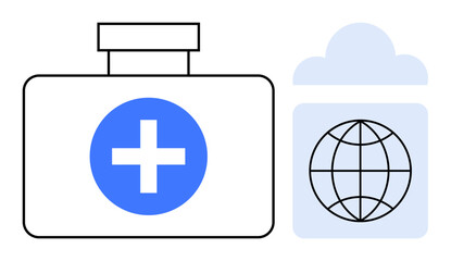Medical kit with cross symbol next to globe inside digital cloud shape. Ideal for global health, telemedicine, healthcare, technology, cloud storage, medical aid, universal access. Simple flat