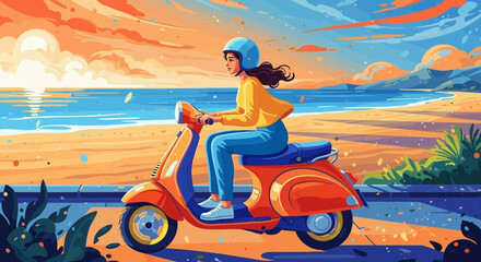 A woman in a helmet rides an orange scooter along a scenic coastal road at sunset, with the ocean and beach in the background. © Wardiyan