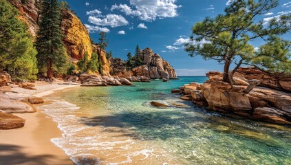 Sunny beach cove with turquoise water, rocky cliffs, and pine trees