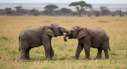 Fototapeta premium Two baby elephants touch trunks savanna