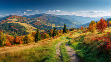 Obraz premium Stunning panoramic view of a meadow with a winding path that leads into a colorful autumn forest under a clear blue sky.