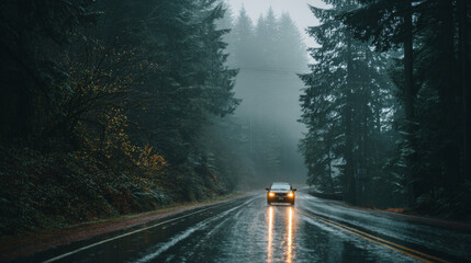 a car driving down a foggy, rain-soaked road cutting through the forest