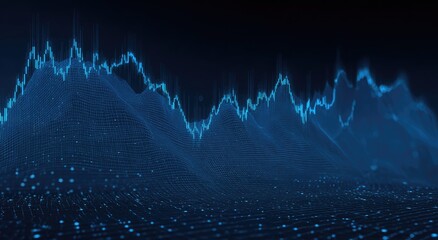 Abstract digital chart visualization of fluctuating data, with a wireframe mountain range effect and light blue highlights