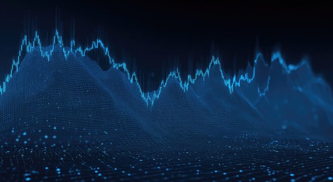 Abstract digital chart visualization of fluctuating data, with a wireframe mountain range effect and light blue highlights