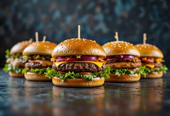 Burger on dark background. hamburger. Yummy fast food concept. Fresh homemade grilled burger with meat patty. Juicy burger.  Variant of burgers. Burgers in line. 