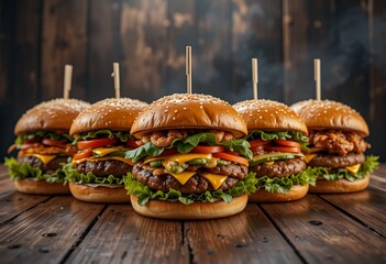 Burger on dark background. hamburger. Yummy fast food concept. Fresh homemade grilled burger with meat patty. Juicy burger.  Variant of burgers. Burgers in line. 