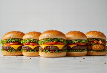 Burger on dark background. hamburger. Yummy fast food concept. Fresh homemade grilled burger with meat patty. Juicy burger.  Variant of burgers. Burgers in line. 