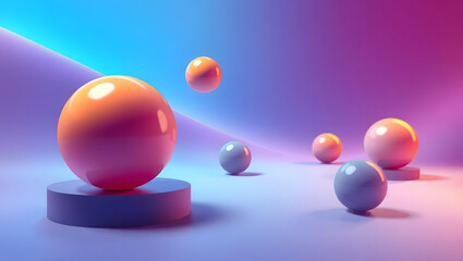 Group of spheres in various sizes and colors arranged on a smooth surface with a gradient background.