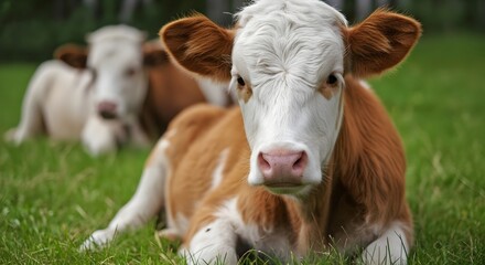 Fototapeta premium Closeup portrait of a young brown and white calf lying on a green grassy field, looking directly at the camera with a curious expression
