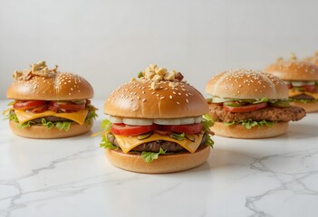 Burger on dark background. hamburger. Yummy fast food concept. Fresh homemade grilled burger with meat patty. Juicy burger.  Variant of burgers. Burgers in line. 