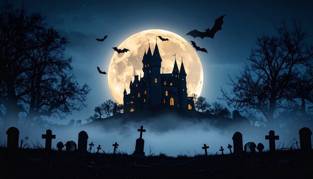Spooky Halloween scene featuring a silhouetted castle on a hill under a full moon, with bats flying and a graveyard in the foreground, all shrouded in fog.