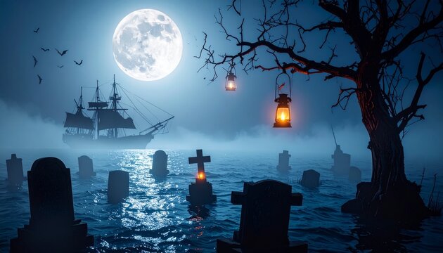 A spooky graveyard scene with tombstones, a full moon, a ghostly ship in the fog, and lanterns hanging from a gnarled tree.