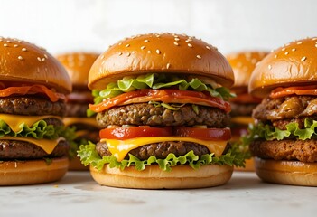 Burger on dark background. hamburger. Yummy fast food concept. Fresh homemade grilled burger with meat patty. Juicy burger.  Variant of burgers. Burgers in line. 