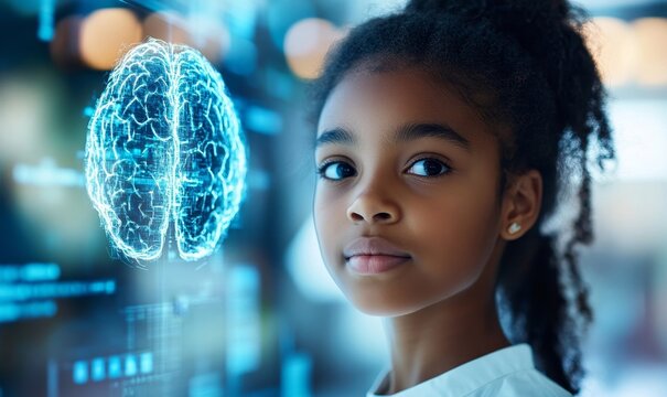 Young ambitious Black schoolgirl looking at an artificial intelligence brain scan. The image represents the aspirations of future generations in STEM fields, focusing on diversity, Generative AI