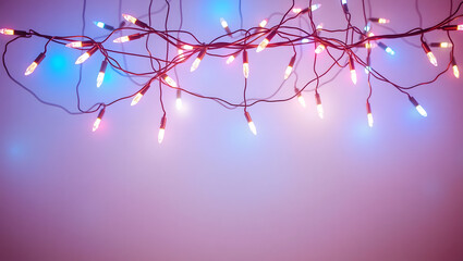 A close-up of festive string lights, glowing against a soft, colorful background.