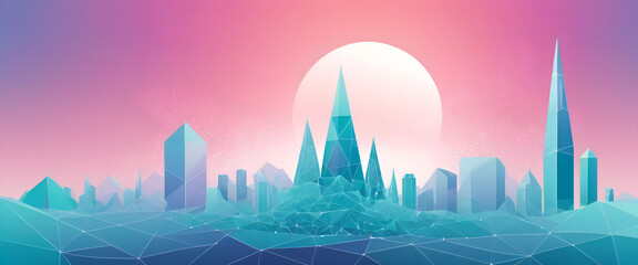 futuristic low poly cityscape with glowing sun