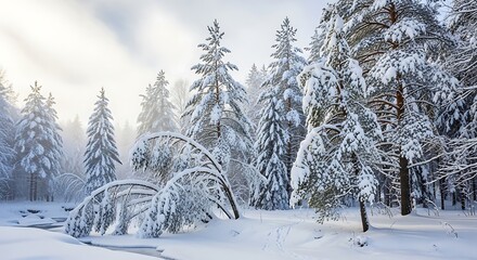 Obraz premium Snow Covered Trees in Winter Forest Landscape.