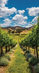 Fototapeta premium Vineyard path under a vibrant blue sky