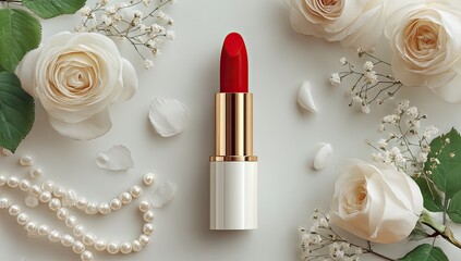 A red lipstick, surrounded by cream roses and pearls