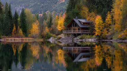 Obraz premium Wooden lakeside cabin surrounded by autumn colors