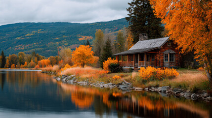 Fototapeta premium Wooden lakeside cabin surrounded by autumn colors