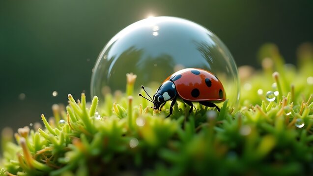 Nature scene of ladybug on moss sealed within delicate glass dome