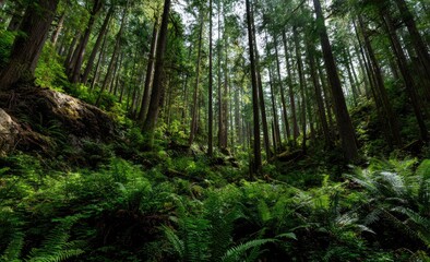 Fototapeta premium Lush forest floor with towering trees and ferns