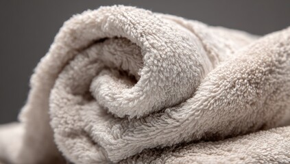 Rolled beige towel with soft texture, capturing its coziness against a gray backdrop in close-up