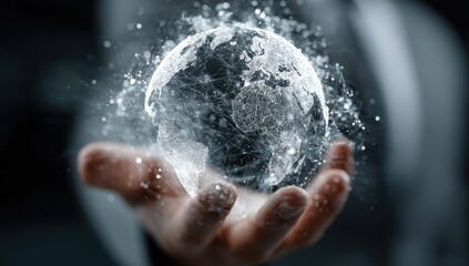 A hand holds a digital globe, interconnected