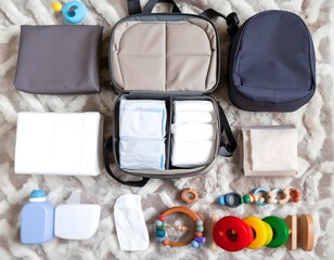 Diaper bag contents laid out: diapers, wipes, toys, and baby essentials.