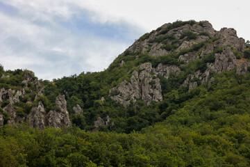 A Steep Rocky Cliff And Mountain Slope Covered With Dense Green Deciduous Forest Under A Pale Sky. Caucasus Mountains Landscape.
