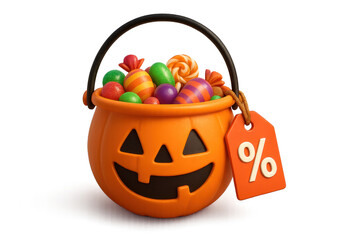 3d halloween sale pumpkin bucket filled with colorful candy and sweets with spooky discount tag for promotion shopping offer festive celebration