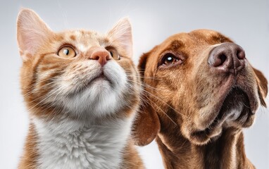Close-up of a ginger cat and a brown dog, both looking upward