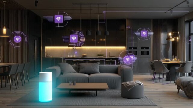 Smart home technology with devices displaying connectivity options and network signals in a stylish living room