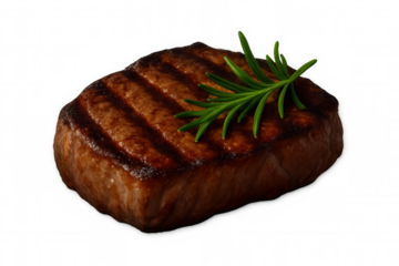 Succulent grilled beef steak garnished with rosemary sprigs, resting on clean white surface, highlighting culinary excellence