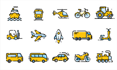 Doodle Transport Collection – Illustrated Icons of Cars, Trains, Planes, Boats & More